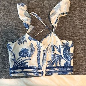 H&M blue and white cross strap button front top, size 6